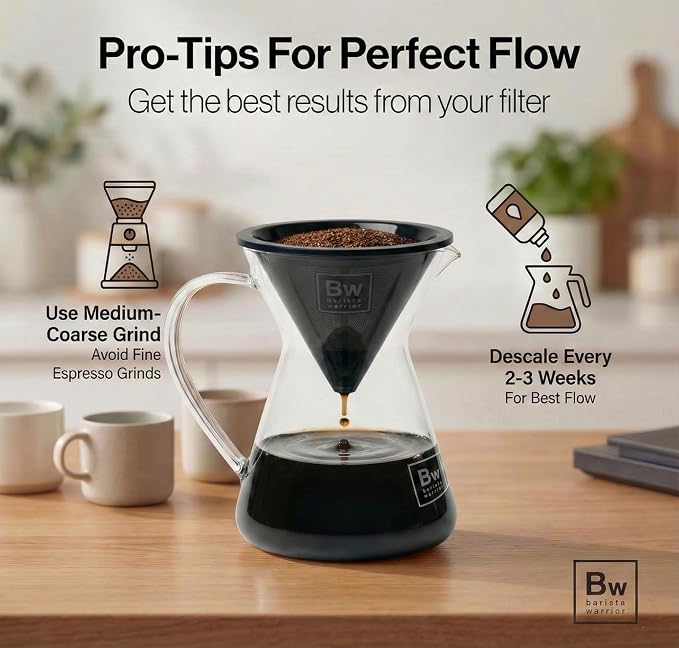 Barista Warrior Reusable Coffee Filter - Stainless Steel Pour Over Dripper, Compatible for Chemex, Hario V60 & Drippers, Easy to Clean Flavorful Brew Fine Mesh Coffee Filter - Black Titanium