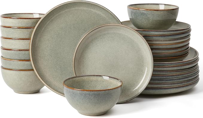 24 Piece Dinnerware Sets for 8, Modern Stoneware Plates and Bowls Setst, Perfect for Family Gatherings & Holiday Celebrations, Easy Cleaning Dishes Set, Stack Compactly Dishware, Green Wheat