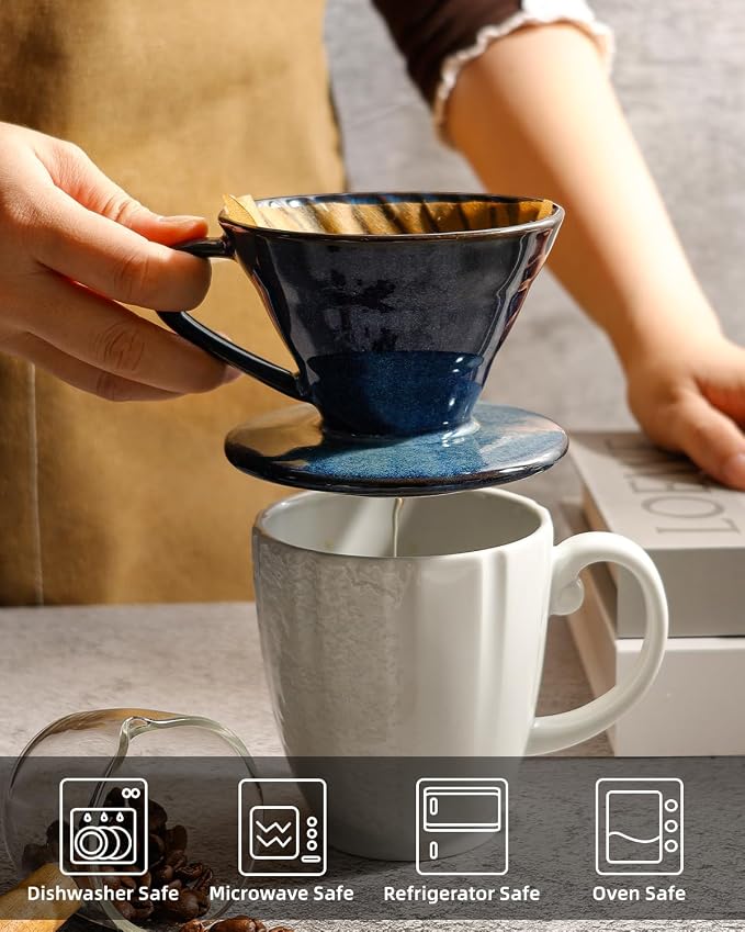 Pour Over Coffee Maker, Single Cup Ceramic Coffee Dripper, Reusable Filter Cone Drip Holder Slow Brewer with Hole Flat Bottom for Home, Office, Travel, Camping (Blue)