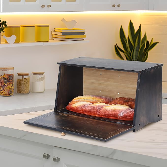 HOMEKOKO Vintage Wood Bread Box for Kitchen Counter,Retro Storage Bin,Black | Retro Farmhouse Style, Holds 2 Loaves, Breathable Design Keeps Bread Fresh For 3–4 Days, Suitable For Rustic/Vintage Kitchen