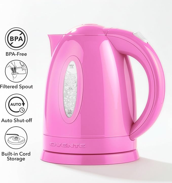 OVENTE 1.7L Electric Kettle with 1100W Fast Boiling Water, Pink KP72P | Best For Coffee or Tea, BPA-Free, Water Level Gauge, Auto Shut-Off, Indicator Light, Boil-Dry Protection & Removable Filter