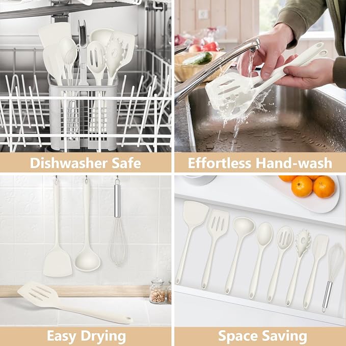 TeamFar Silicone Cooking Utensils Set, 8 PCS Kitchen Utensils Set, White | 446°F Heat Resistant Turner, Spatula, Spoon, Whisk, Kitchen Cooking Gadgets Tools, for Nonstick Cookware, Dishwasher Safe