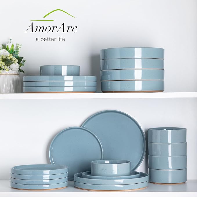 AmorArc Stoneware Dinnerware Sets for 4,12Pcs Plates and Bowls Set | Handmade Ceramic Dish Set,Dishwasher & Microwave Safe,Scratch Resistant-Light Blue