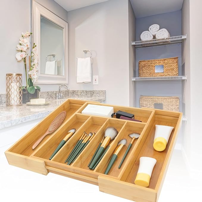 VaeFae Bamboo Drawer Organizer, Medium, Natural | Kitchen Utensil Holder, Multi-Function Drawer Storage，38 cm D x 29.2-45.7 cm W, 5-7 Slots, Natural