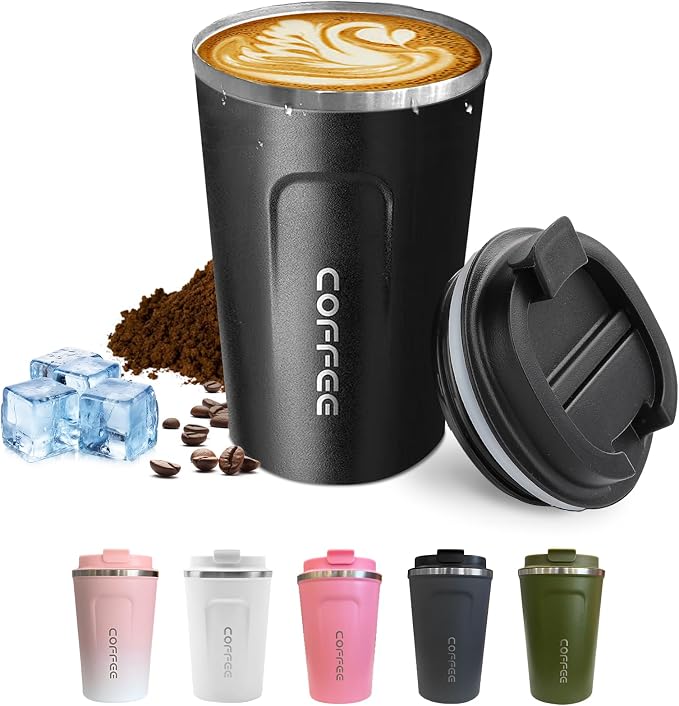 SPLMIFA Travel coffee mugs leak-proof, reusable coffee cups with lids, stainless steel vacuum insulated coffee tumblers, thermal insulation cups for men & women keep drinks hot & cold(2nd-Black, 17OZ)