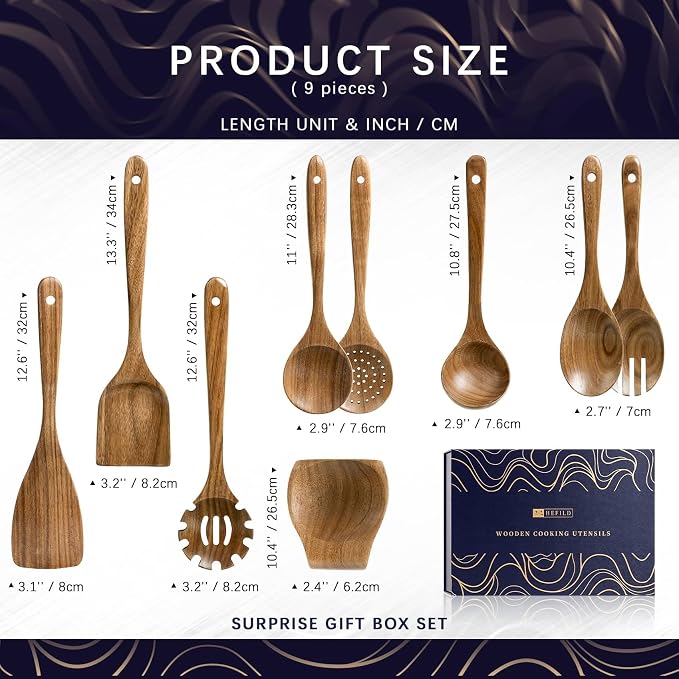 Wooden Spoons for Cooking, 9-Piece Acacia Wood Utensil Gift Set | Spoons and spatulas stir, mix, flip and serve; gift-ready box makes it ideal for housewarmings, weddings and new kitchens.