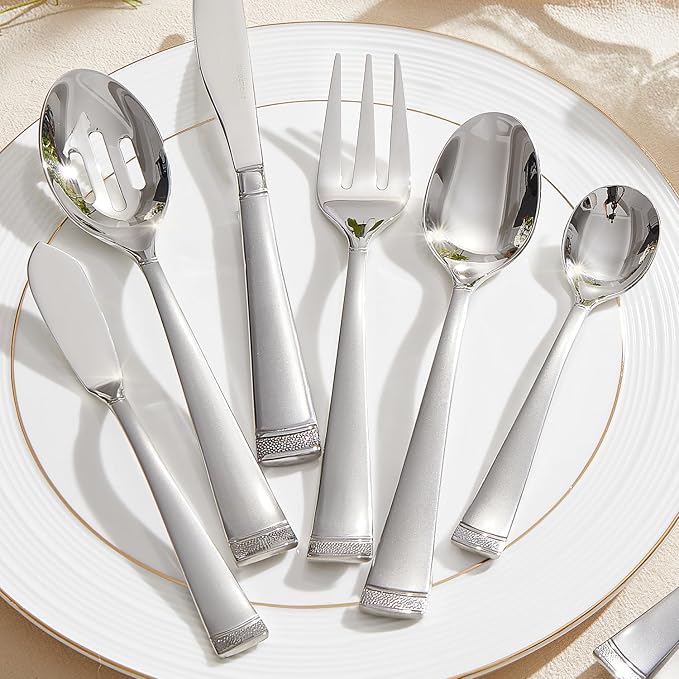65-Piece Flatware Set, 18/10 Stainless Steel Utensil for 12 | Bead Edge Design, Matte Silver Finish, Dishwasher Safe, Elegant Table Setting, Daily Dining & Special Occasions