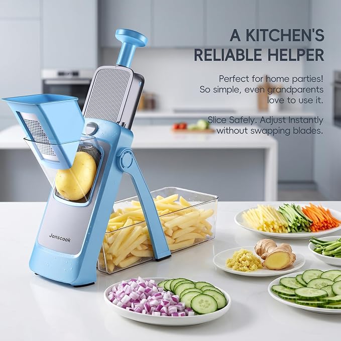 7-in-1 Safe Mandoline Slicer for Kitchen, Vegetable Slicer with Container | Adjustable Veggie Chopper Cutter, Upgraded Tray & Stainless Steel Grater & Basket & Lid & Cleaning Brush (Blue Pro)