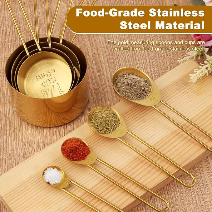 8pcs Measuring Cups and Spoons Set, Stainless Steel Measuring Cup Coffee Spoon Kitchen Gadgets, Stackable Measurin-g Cup Cooking Baking Accessories, Easy To Read(COLOR:gold)