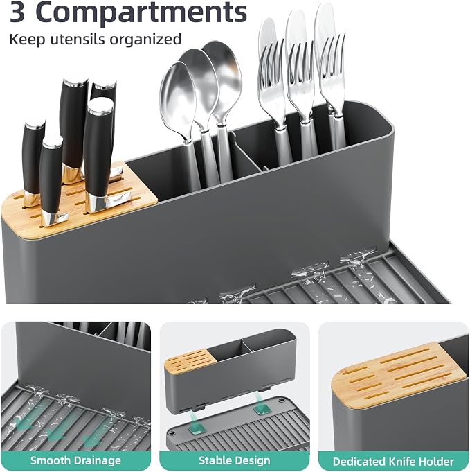 Urackify Extendable Dish Drying Rack, 18.5"-26.7" L x 12.7" W, Gray | Multifunctional large dish rack with cup holder and built-in cutlery holder for versatile drying needs