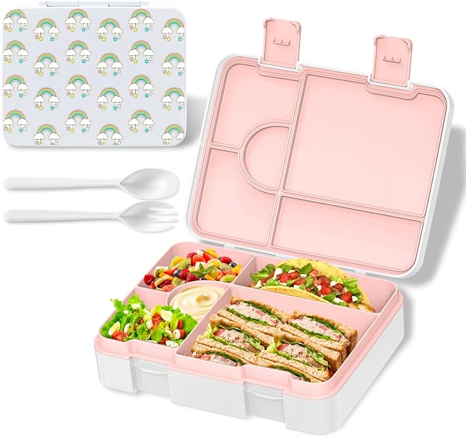 Bento Lunch Box for Kids, Leak-Proof 5-Compartment Cute Lunchbox for Boys Girls, Drop-Proof, Food Container Microwave & Dishwasher Safe, Back to School Supplies for Ages 3 to 7, White/Rainbow