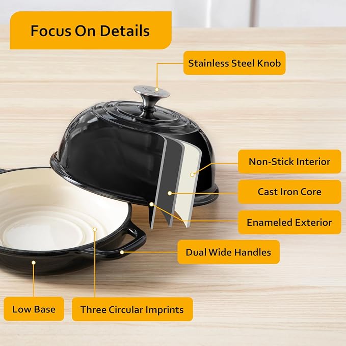 Velaze 5 QT Enameled Cast Iron Dutch Oven for Bread Baking with Dome Lid | Traps Steam for Crispy Artisan Sourdough Bread,Oven Safe,Ergonomic Handles,Gift for Bakers and Bakery Style Loaves,Black