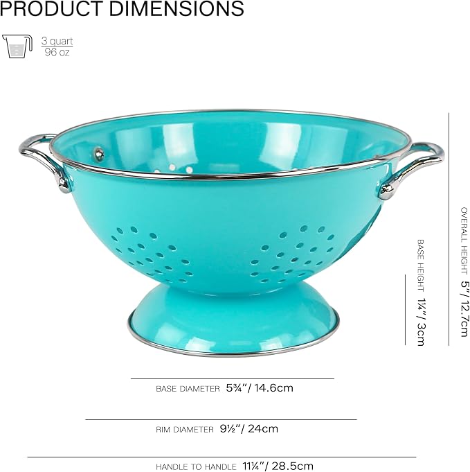 Reston Lloyd, 3 Quart Powder Coated Steel Kitchen Strainer Basket for draining Pasta, Vegetable and Fruit, Chrome Handles and Wide Stable Base, Aqua-Blue