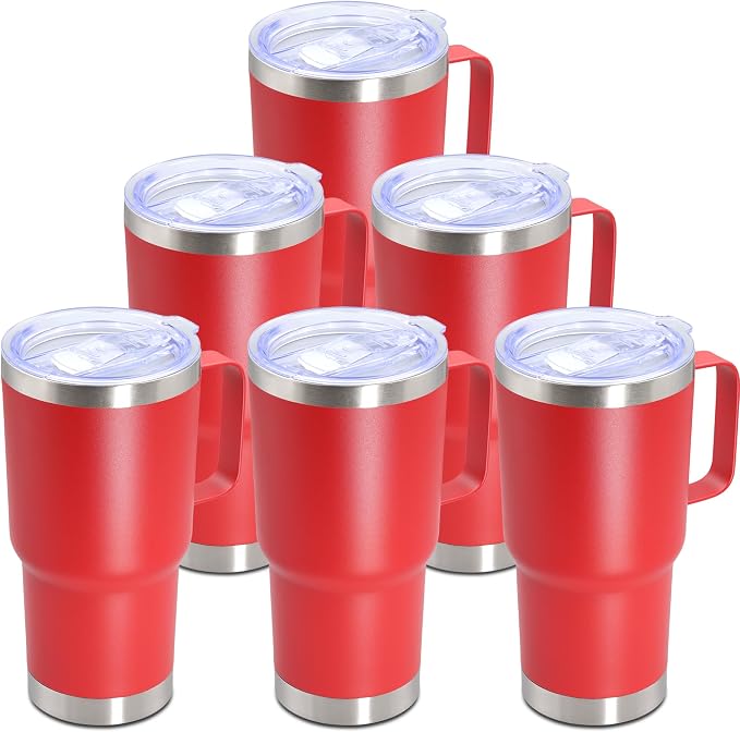 20 oz Tumbler with Handle Coffee Tumblers with Lid Travel Mug Red 6P | 20oz Tumblers with Handle Double-Wall Insulated Vacuum Coffee Mugs Stainless Steel Tumbler with Handles&Lid Red 6P