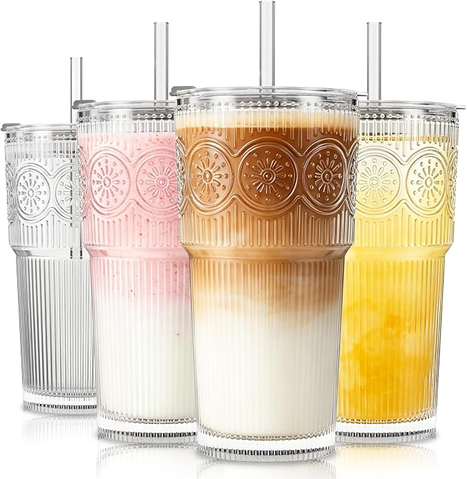 SoulTimes 20oz Ribbed & Floral Glass Tumbler with Lid and Straw – Iced Coffee Glasses Cups for Smoothie, Matcha, Juice, Water etc. Leakproof and Reusable Glassware Drinking for Travel To Go [4 Pcs]