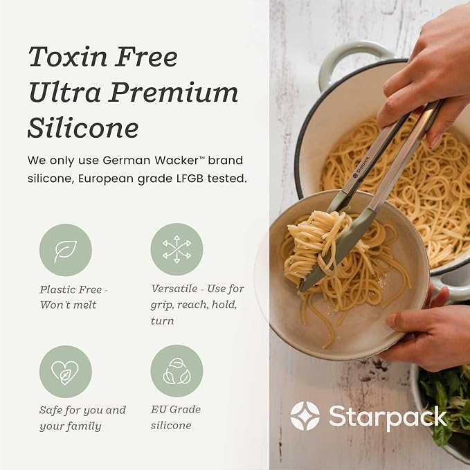 Starpack Get a Grip Silicone Kitchen Tongs (2-Pack, 9" + 12") - LFGB Non Toxic, 600°F Heat Resistant, BPA-Free - Heavy-Duty Stainless Steel, Locking - Dishwasher Safe for Nonstick Cookware