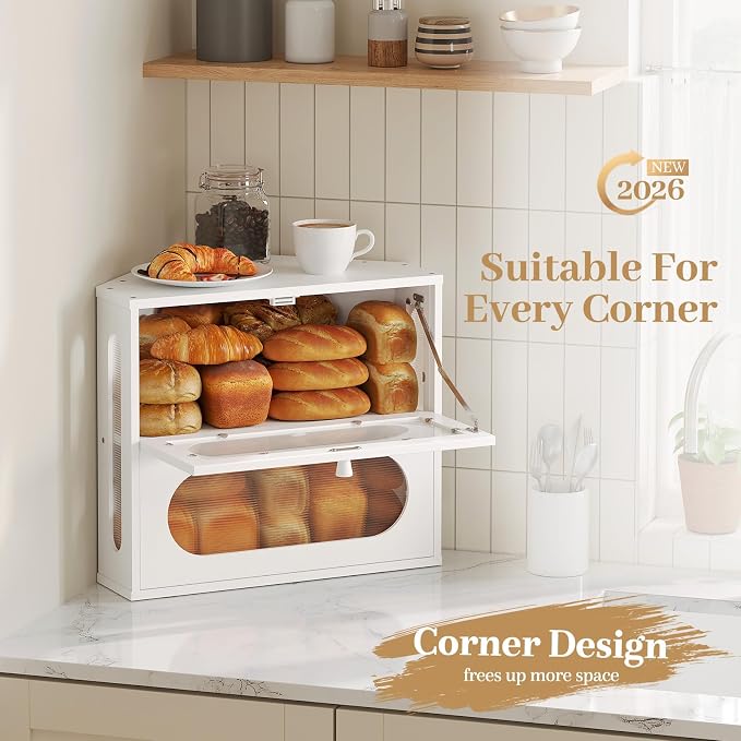 Corner Bread Box for Kitchen Countertop, 2026 New Double Layer Bamboo Bread Storage Bin, Large Bread Container for homemade bread (White)
