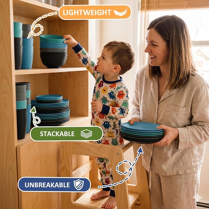 PYRMONT 40 Piece Unbreakable Plates and Bowls Sets for 8 Wheat Straw Dinnerware Set Lightweight Dishes Set Microwave & Dishwasher Safe,Apartment Essentials,New House,Family Gathering-Nightscape