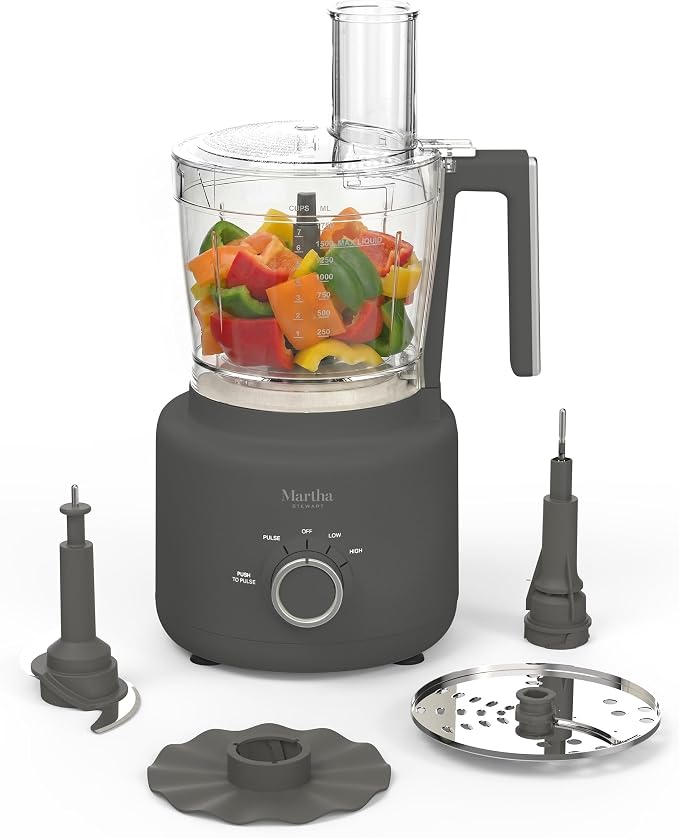 Martha Stewart 10 Cup Food Processor & Electric Chopper, One Touch Pulse | BPA-Free Bowl, 3 Multipurpose Blades, Easy Food Prep, Chop, Slice, Shred, Puree, Emulsify, Speed Dial, Wide Feed Chute, Gray