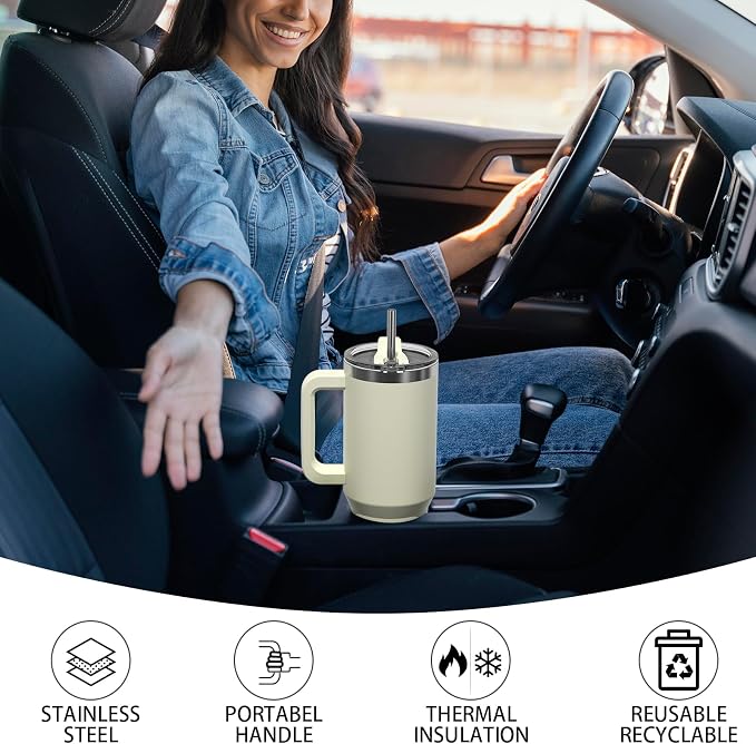 40 oz Tumbler with Handle,Tumbler with Lid and Straw,Double Wall Insulated Cup Stainless Steel Travel Mug(Cold for 34 Hours),Water Bottle for Iced Tea,Coffee,Cold Beverages(Cream White)