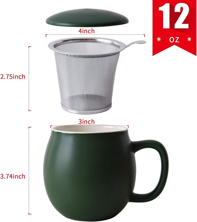 Yundu 12 OZ Matte Green Ceramics Teacup with Infuser and Lid, Mug with Lid for Steeping - Stainless Steel Infuser for Loose Leaf Tea, Home Office Gift for Tea Lovers