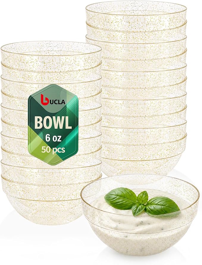 bUCLA 50 Pack Plastic Prep Bowl Sets, 6oz Gold Glitter Small Pinch Bowls | Small Bowls for Salt, Spices, Chopped Ingredients, Dipping Sauces, Ice Cream Toppings, Pudding