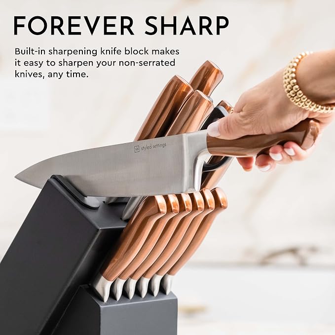 Styled Settings Copper Knife Set with Block & Built-In Sharpener, 14-Piece | Ultra-Sharp Full Tang Kitchen Knives with Block and Sharpener Built-In, Cooking & Prep Essentials, Copper Kitchen Accessories