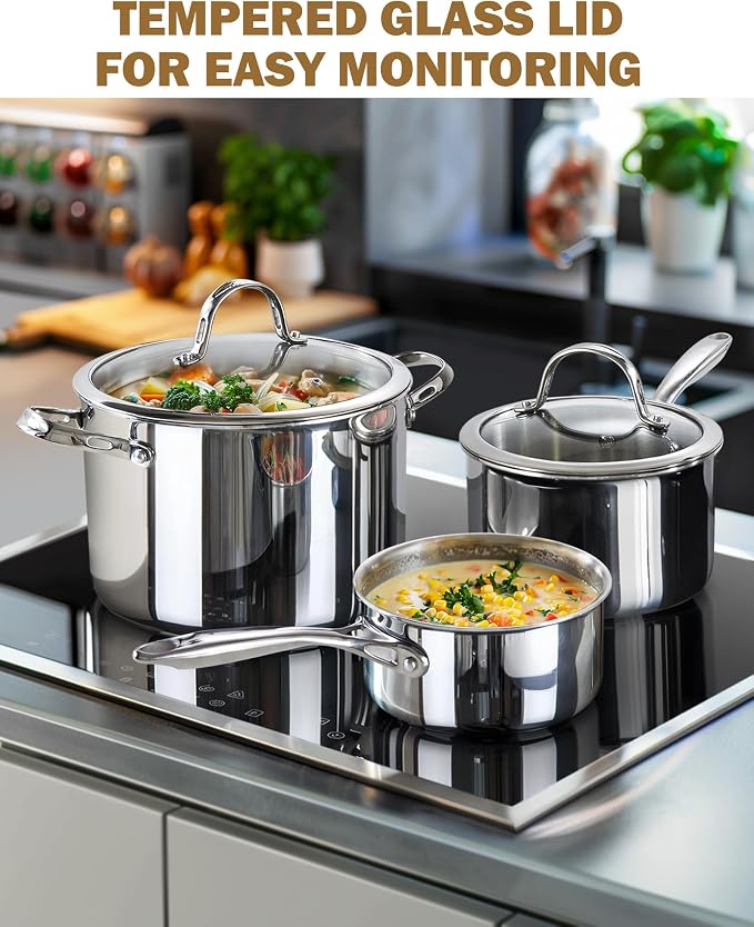 Cooks Standard Multi-Ply Clad 8 Quart Stainless Steel Stock Pot with Glass Lid | Tri-Ply Soup Pot for Boiling, Stews, Sauces, Induction Ready, Dishwasher & Oven Safe