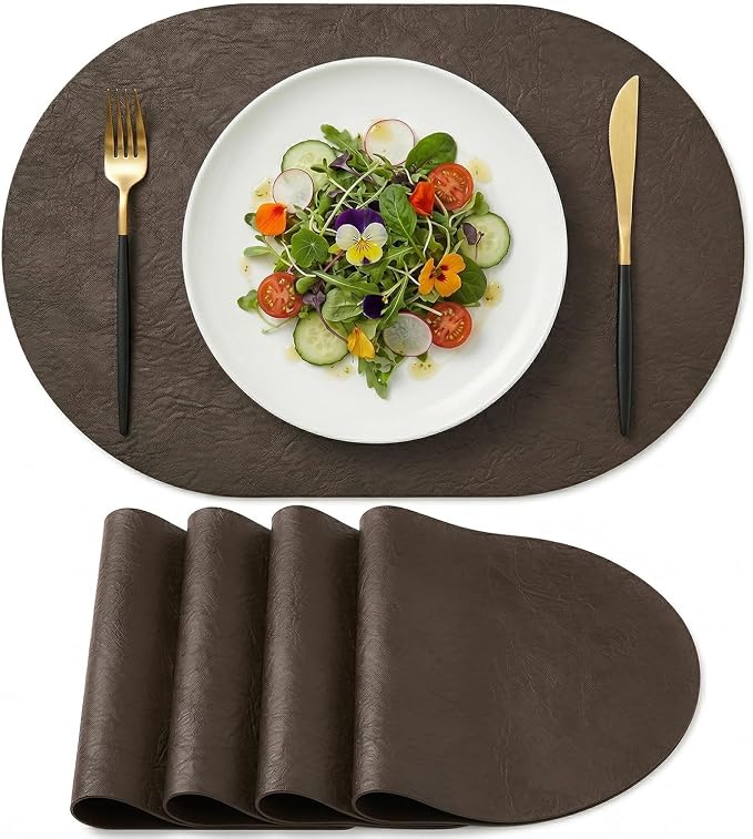 Artoid Mode Coffee Brown Faux Leather Oval Placemats Set of 4, 12 x 18 Inch Waterproof Wipeable Heat Resistant Vinyl Place Mats, Reversible Table Mats for Kitchen Dining Decor
