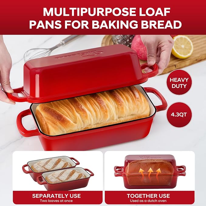 Cast Iron Loaf Pan with Lid 10x5 Inch Enameled Bread Loaf Pan for Sourdough, 2 Piece Set, Red