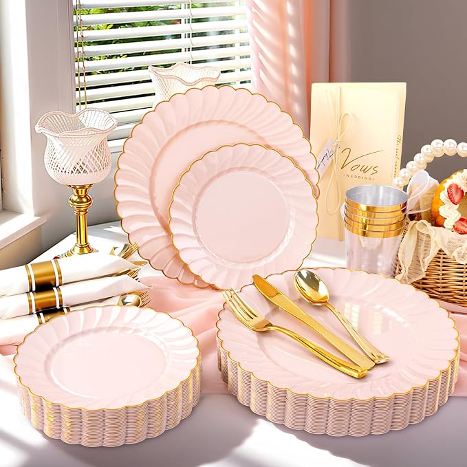 YOUBET 350PCS Pink Scalloped Plastic Plates for Wedding Party | Pink and Gold Disposable Dinnerware Set Include 100 Plates, 150 Gold Silverware, 50 Cups, 50 Napkins