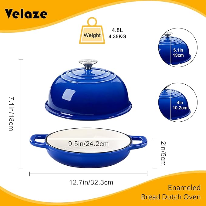 Velaze 5 QT Enameled Cast Iron Dutch Oven for Bread Baking with Dome Lid | Traps Steam for Crispy Artisan Sourdough Bread,Oven Safe,Ergonomic Handles,Gift for Bakers and Bakery Style Loaves,Blue