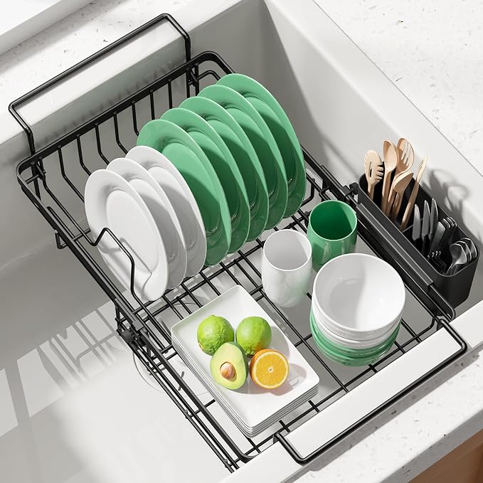 Kitsure Expandable in-Sink or Over-Sink Dish Drying Rack, Large, Black | Rust-Resistant Dish Rack for Kitchen Counter, Dish Drainer with Cutlery Holder, 10.82"-17.12" L x 11.02" W x 3.93" H