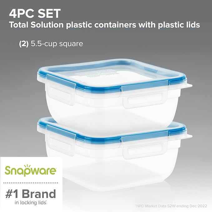 Snapware Plastic Total Solution 2-Pack (5.5 Cup) Food Storage Containers | Meal prep containers with plastic BPA-free lids with 4 locking tabs, microwave, dishwasher, & freezer safe