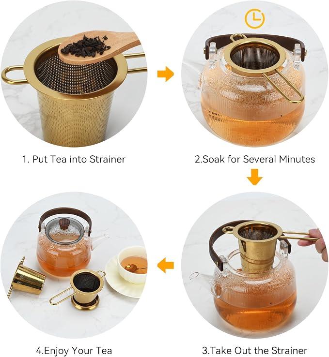2pcs Tea Infuser, Stainless Steel Tea Strainer Fine Mesh Tea Diffuser with Double Long Handles Loose Leaf Tea Steeper for Mugs Cups Teapots (Gold)