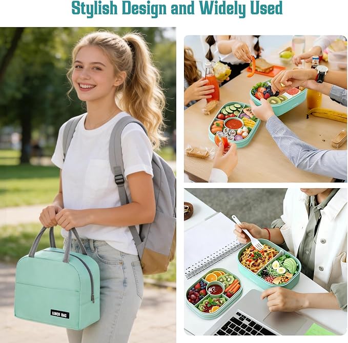 RIKDOKEN Bento Lunch Box, Stackable 2 Layers Containers with Compartments, Portable 64OZ Large Capacity Leakproof Bento Box with Spoon & Fork & Lunch Bag, Microwave Safe Lunch Box for Kids and Adults