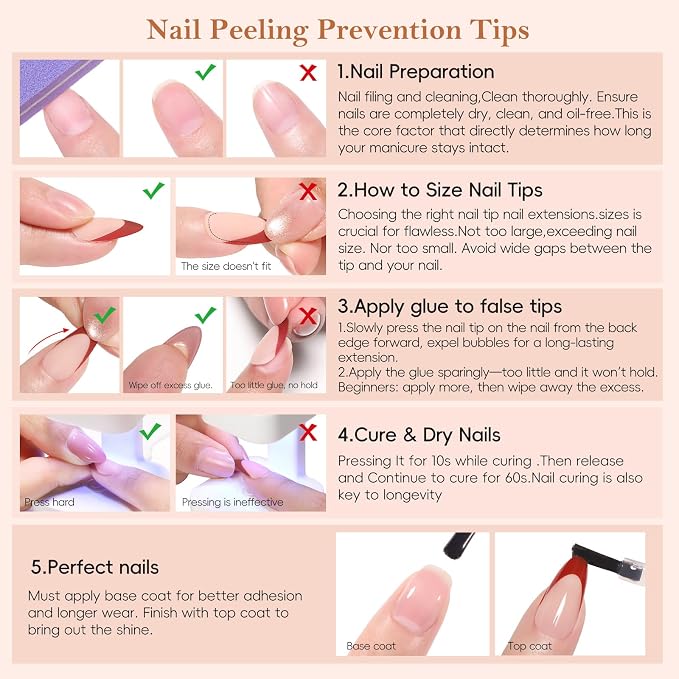 PEACECOLOR French Tip Press On Nails Kit - 150Pcs Long Almond 5 Colors Nail Tips Gel Nail Kit with U V Light Base & Top Coat Starter Kit Nail Glue Full Set Fake Nails DIY Gift for Women Girls Home