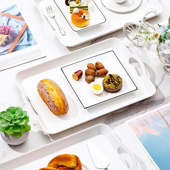 Kathfly 6 Pack 16" x 11" Serving Trays with Handles, Plastic Tray, White | PP Material, Anti-skid Texture, Decorative Food Tray, for Restaurant, Hotel, Kitchen, Party; Not Microwave/dishwasher Safe