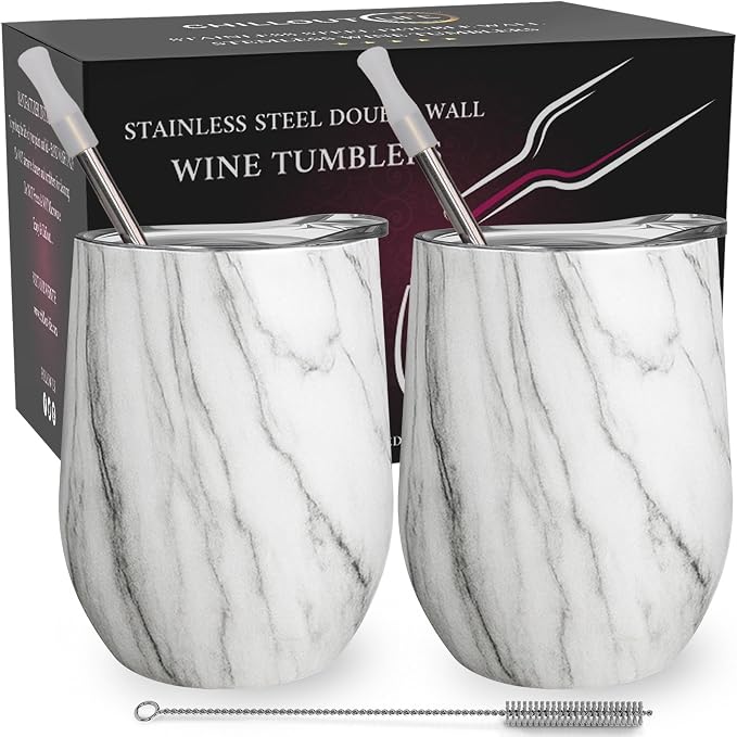 CHILLOUT LIFE 12 oz Stainless Steel Wine Tumblers 2 Pack - Double Wall Vacuum Insulated Wine Glasses Cups with Lids and Straws Set Keeping Cold & Hot for Coffee, Beer, Ice Cream - Carrara Marble