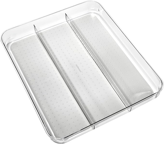 madesmart Clear 3 Compartment Utensil Tray, Grey | non slip feet, rounded corners, see through design, soft grip lining, wide channels, spatulas whisks tongs, woman owned
