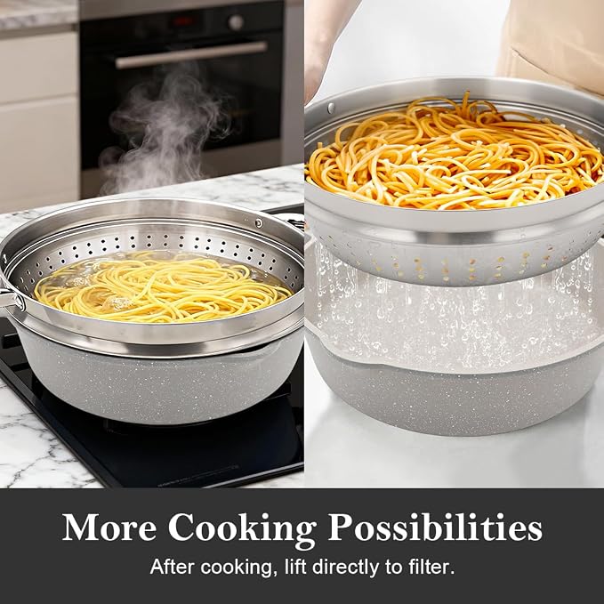 12-Inch Non Stick Deep Frying Pan Skillet with Steamer, 5 QT Nonstick Saute Pan with Lid & Detachable Handle, Induction Cooking Pan, Compatible with All Cooktops, Oven Safe, PFOA Free, White