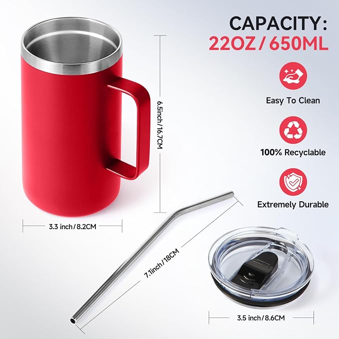 Volhoply 22oz Insulated Stainless Steel Coffee Mugs with Leakproof Lid Bulk 2 Pack,Double Wall Vacuum Travel Coffee Cup with Handle,Reusable Metal Tumbler,Camping Mug Keep Hot&Cold(Red,2)