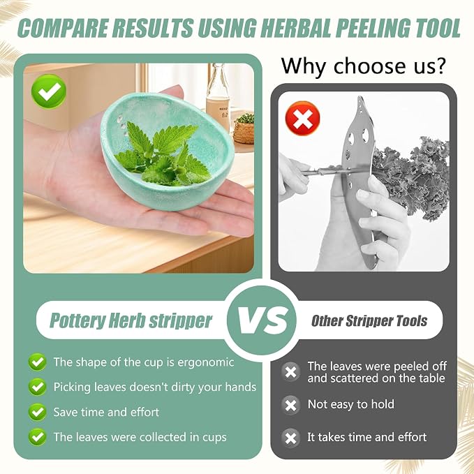 Ceramic Herb Stripper Bowl with 4-Sized Holes for Stripping Herbs Leaves Handmade Herb Peeler for Strips Kale, Thyme, Basil, Pottery Herb Leaf Stripping Bowl (Green)