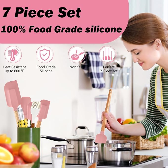 7 Piece Silicone Spatula Set, Food Grade Rubber Spatula Set with Wooden Handle, Heat Resistant Up to 600°F, Silicone Utensils Set for Baking, Cooking & Mixing, Jar, Non-Stick Kitchen Utensils(Pink)