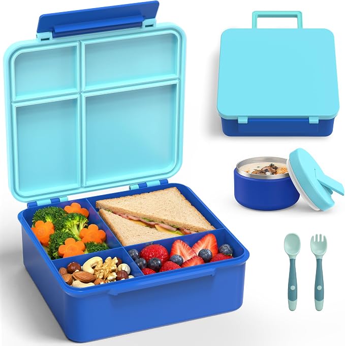 LOHASOK Bento Lunch Box for Kids with 8oz Soup Thermo,Blue | 4-Compartment, Leak-Proof Lunch Containers with Insulated Food Jar and Silicone Foldable Spoon Fork