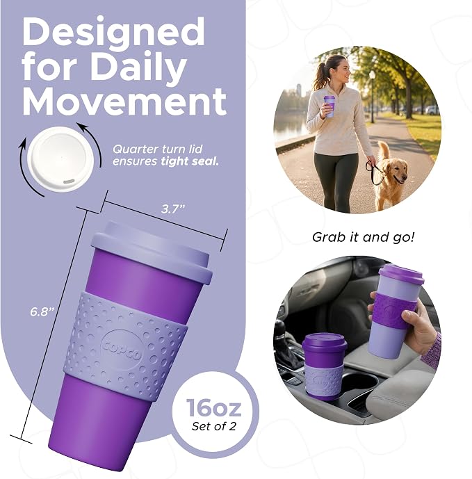 Copco Acadia Travel Mug, 16 Oz - Purple & Light Purple, Set of 2 | Reusable Double Wall Insulated Cup with Spill-Resistant Lid, Non-Slip Grip, Fits Car Cup Holders, Microwave & Dishwasher Safe