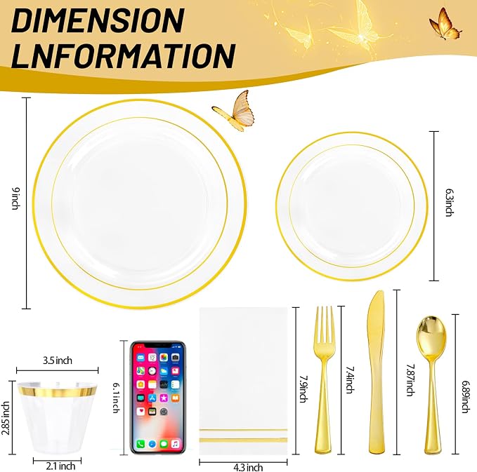 GATHER 350PCS Clear Plastic Plates with Gold Rim for Wedding and Party | Clear and Gold Disposable Dinnerware Sets include 100 Plates, 150 Silverware, 50 Napkins, 50 Cups for Anniversary Birthday