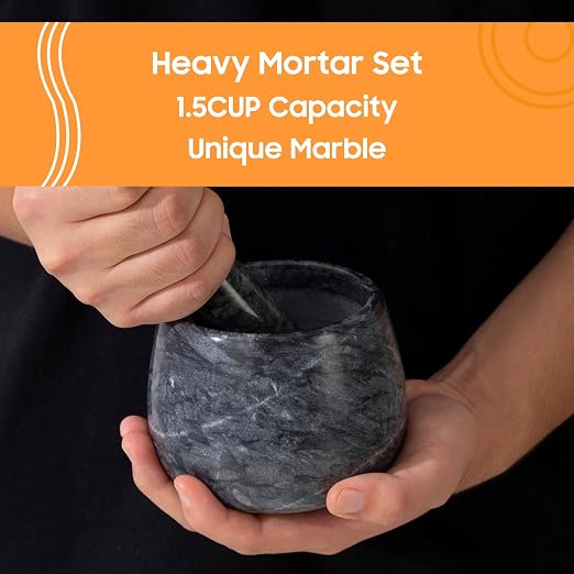 Heavy Duty Mortar and Pestle, Natural Marble Mortar and Pestle Set, Spice Herb Grinder Make Fresh Guacamole, Salsa, Pesto, Stone Grinder Bowl, 1.5 Cup