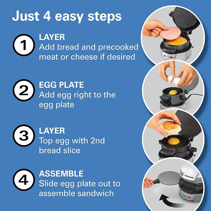 Hamilton Beach Breakfast Sandwich Maker with Egg Cooker Ring | Perfect for English Muffins, Croissants, Mini Waffles | Customizable & Fast | PFAS-Free | Silver | 25475MN