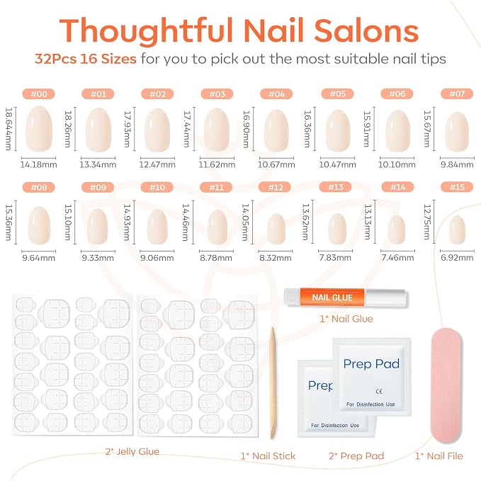 modelones Short Press on Nails, Oval Fake Nails Kit Nails Press Ons | with Nail Glue, Adhesive Tabs, Nail File, Prep Pad, Manicure Stick, 32Pcs 16 Sizes, White, Summer Women Girl Gift